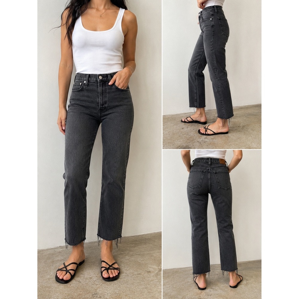 Madewell The Perfect Vintage Straight Jeans 27P Lunar Wash Faded Black Raw Hem